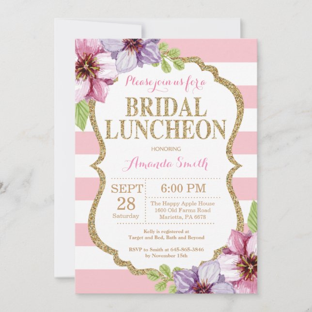 Pink and Gold Bridal Luncheon Invitation Floral (Front)