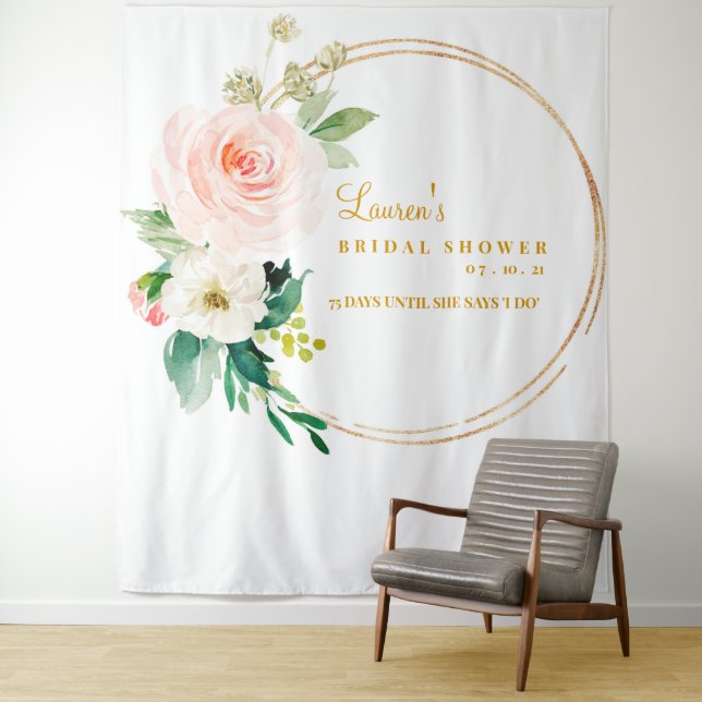 Pink And Gold Bridal Shower Backdrop Photo Booth Tapestry (In Situ)