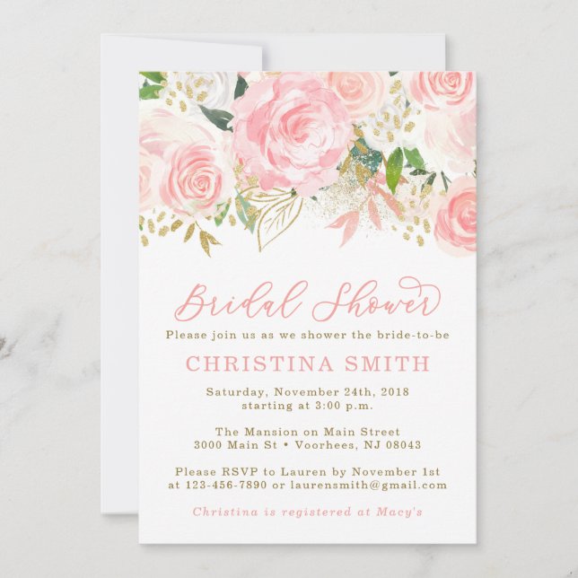 Pink and Gold Bridal Shower Invitations (Front)