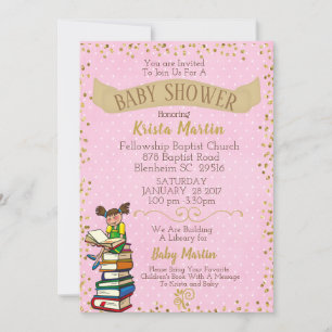 Pink and Gold Bring a Book Baby Shower Invitation
