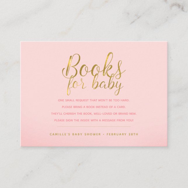 Pink and Gold Bring a Book Request Books For Baby Enclosure Card (Front)