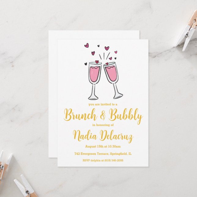 pink and gold brunch and bubbly bridal shower invitation (Front/Back In Situ)