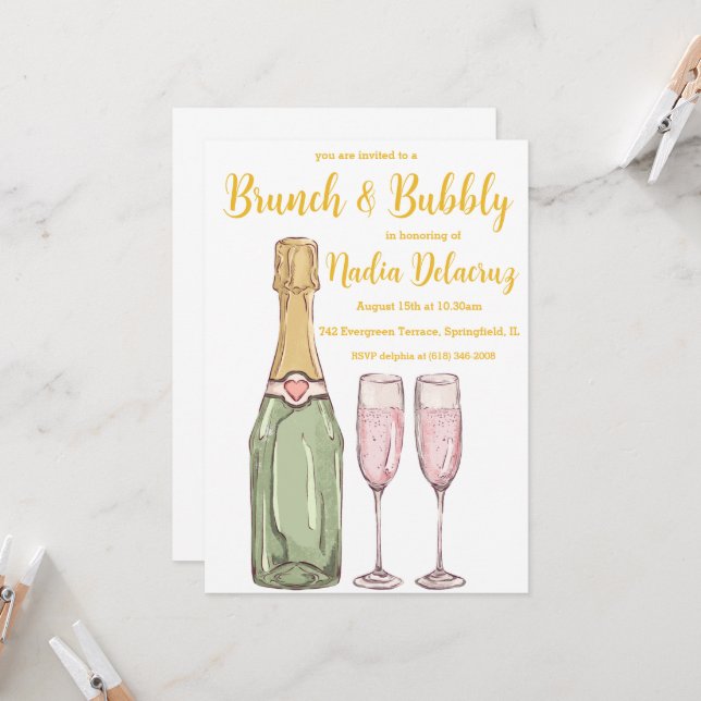 pink and gold brunch and bubbly bridal shower invitation (Front/Back In Situ)
