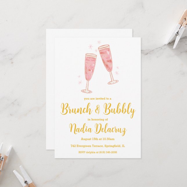 pink and gold brunch and bubbly bridal shower invitation (Front/Back In Situ)