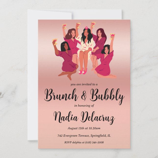 pink and gold brunch and bubbly bridal shower invitation (Front)