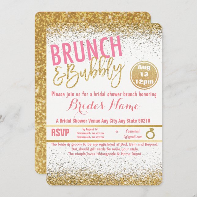 Pink and Gold Brunch & Bubbly Bridal Shower Invitation (Front/Back)