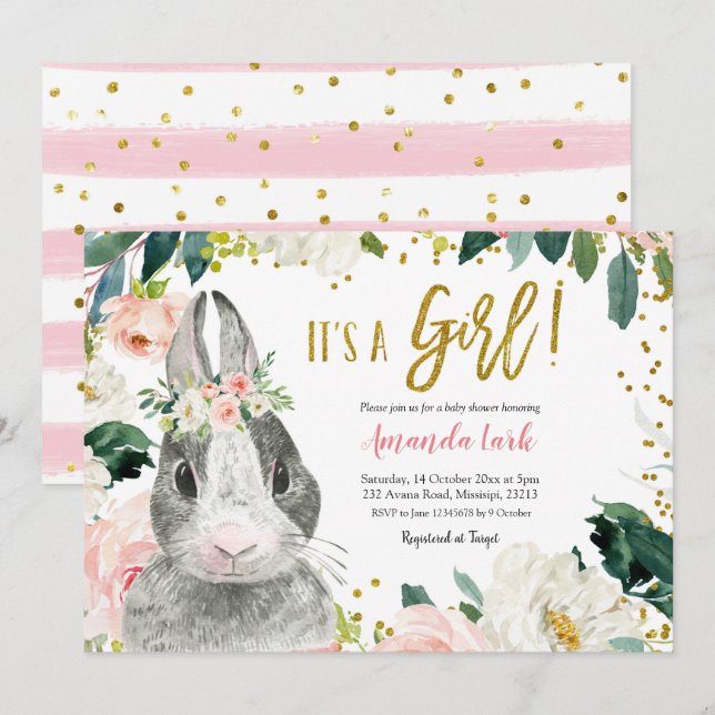 Pink and Gold Bunny Floral Baby Shower Invitation (Front/Back)