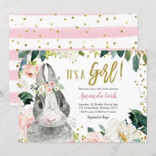 Pink and Gold Bunny Floral Baby Shower Invitation