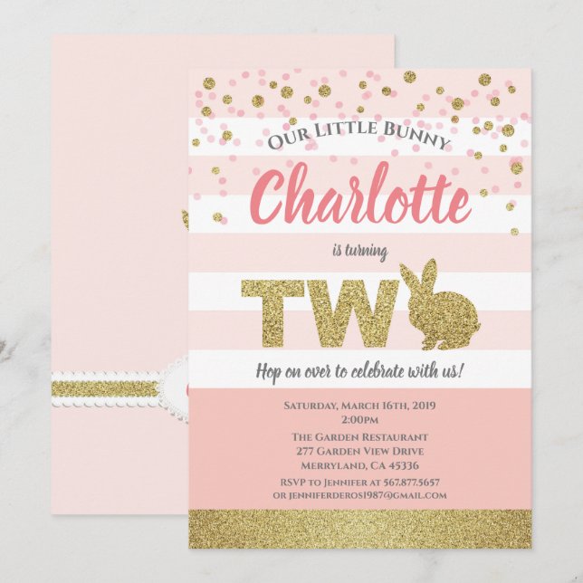 Pink and gold bunny girl 2nd birthday invitation (Front/Back)