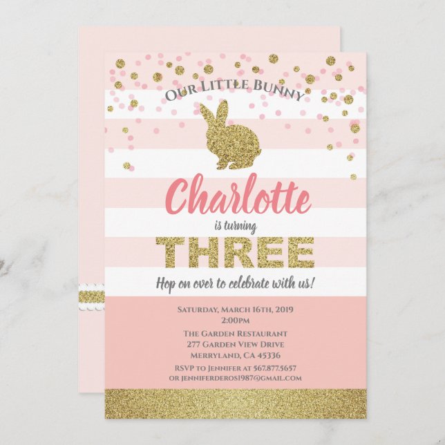Pink and gold bunny girl 3rd birthday invitation (Front/Back)