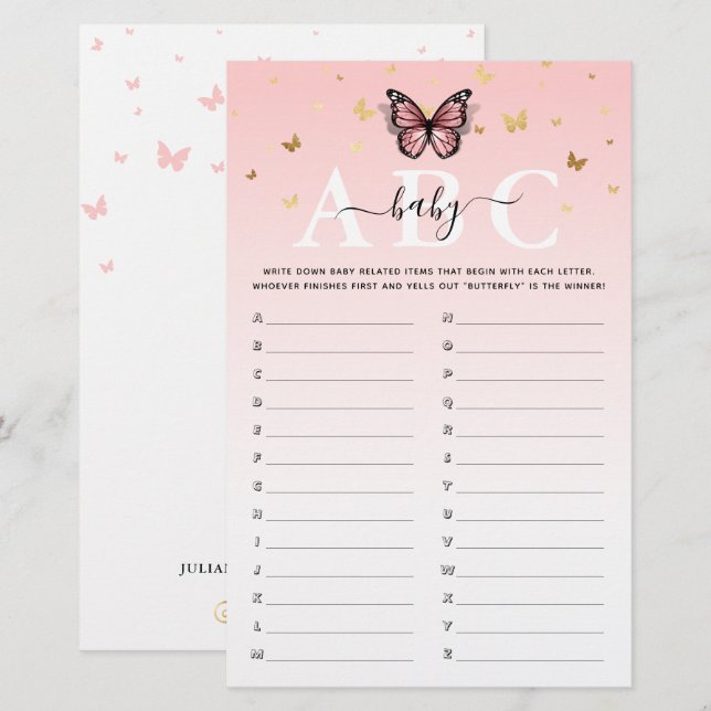 Pink and Gold Butterfly ABC Baby Shower Game (Front/Back)