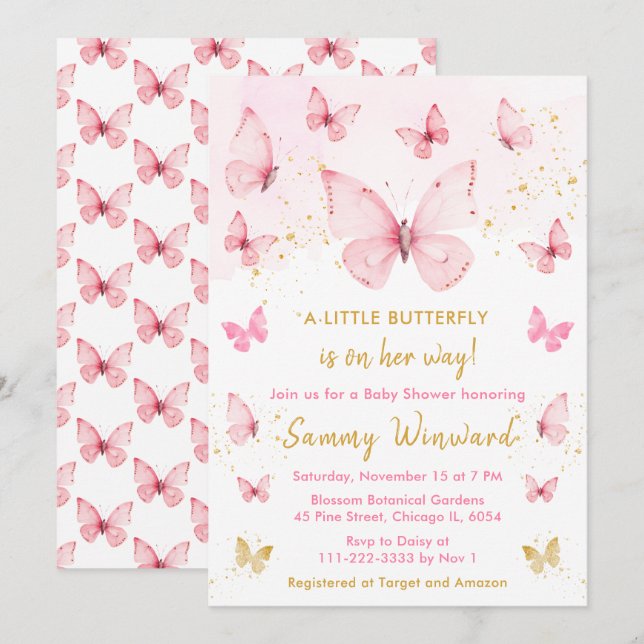 Pink and Gold Butterfly Baby Shower Invitation (Front/Back)