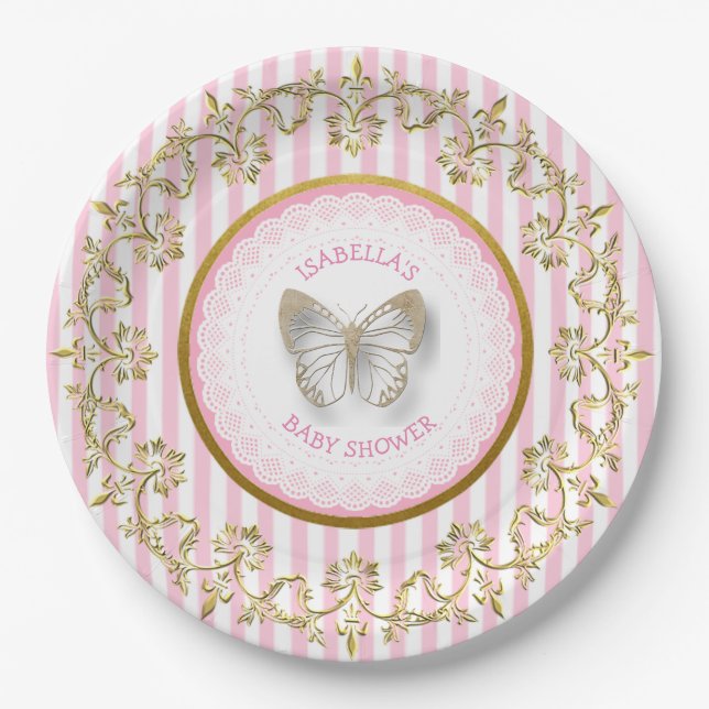 Pink and Gold Butterfly Baby Shower Plates (Front)