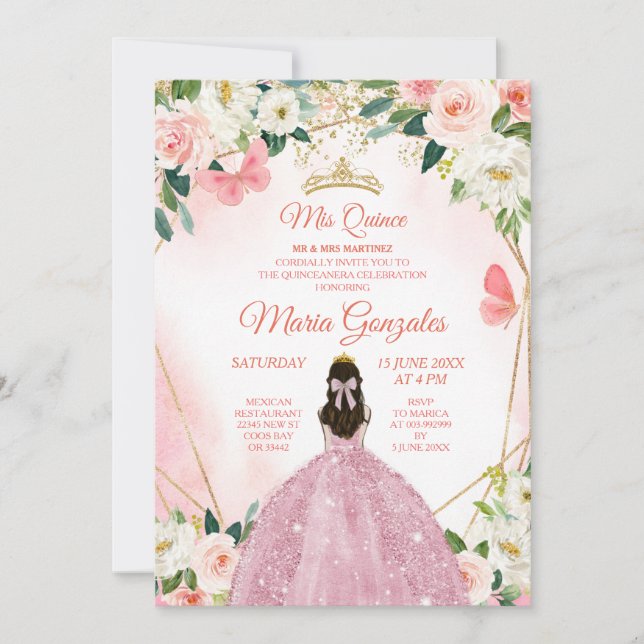 Pink and Gold Butterfly Charra Mis Quince Invitation (Front)