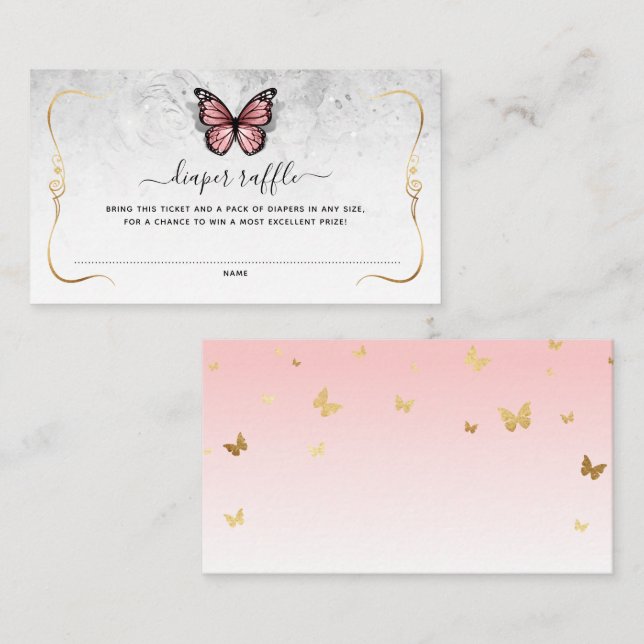 Pink and Gold Butterfly Diaper Raffle Ticket Enclosure Card (Front/Back)