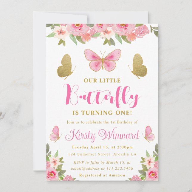 Pink and Gold Butterfly Floral Girl 1st Birthday Invitation (Front)