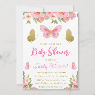 Pink and Gold Butterfly Floral Girl Baby Shower Invitation