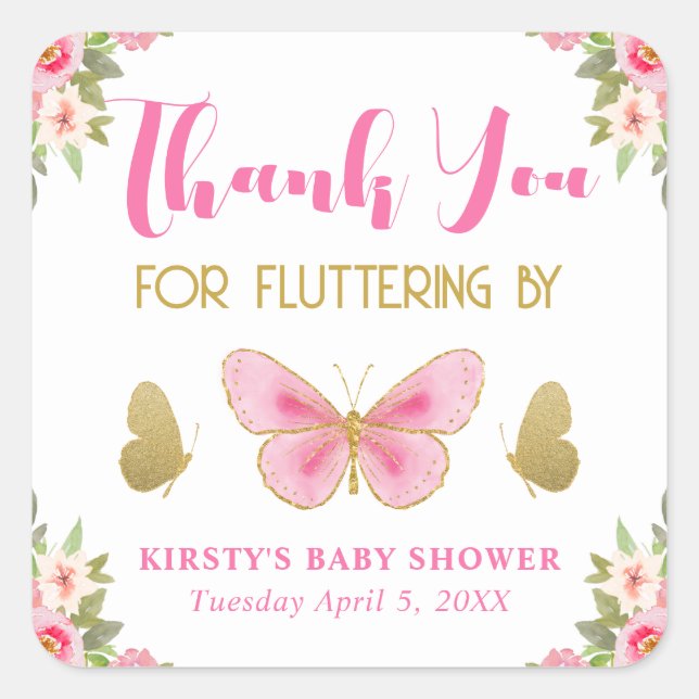 Pink and Gold Butterfly Floral Girl Baby Shower Square Sticker (Front)
