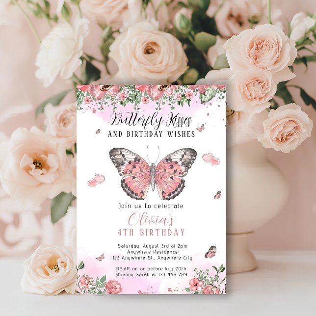 Pink and Gold Butterfly Kisses Invitation (Floral Pink Butterfly Kisses Birthday Invitation)
