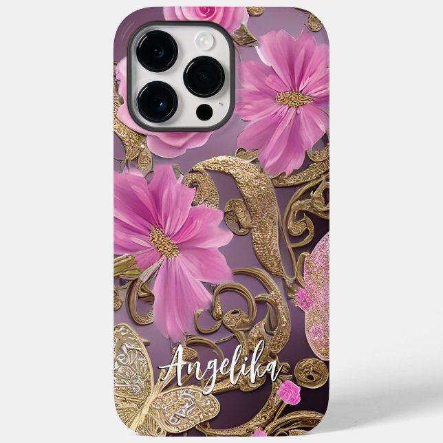 Pink and Gold Butterfly Personalised Name Case-Mate iPhone Case (Back)