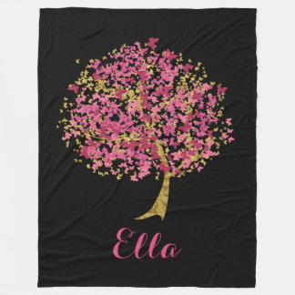 Pink and Gold Butterfly Tree Fleece Blanket