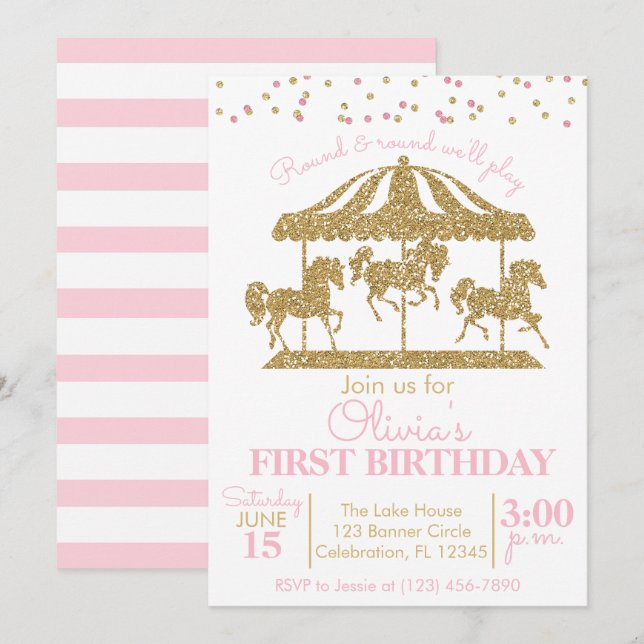 Pink and Gold Carousel Girls Birthday Invitation (Front/Back)