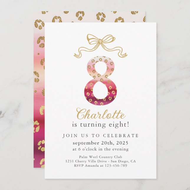 Pink and Gold Cheetah Leopard Print 8th Birthday Invitation (Front/Back)