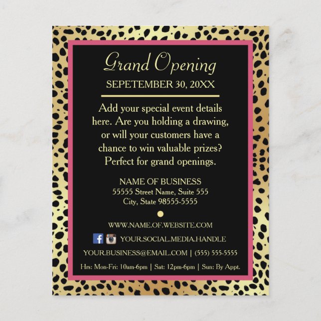 Pink and Gold Cheetah Print Boutique Special Event Flyer (Back)