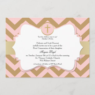 Pink and Gold Chevron Cross Girl Communion Invitation