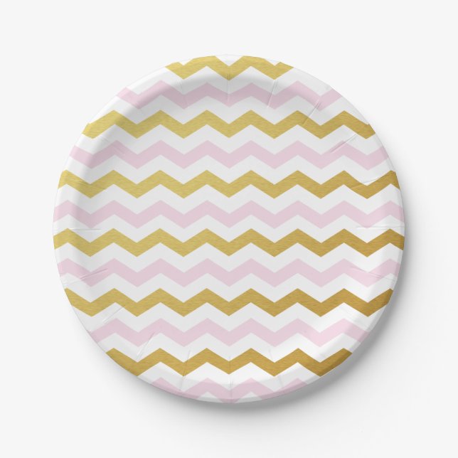 Pink and Gold Chevron Pattern Paper Plates (Front)