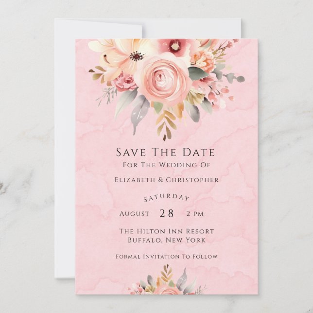 Pink and Gold Chic Florals Save The Date Cards (Front)