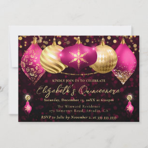 Pink and Gold Christmas Baubles Quinceanera Invitation