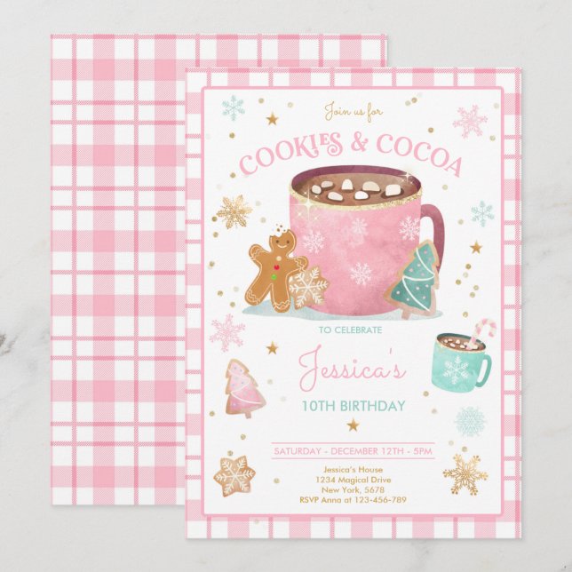 Pink And Gold Christmas Cookies and Cocoa Birthday Invitation (Front/Back)