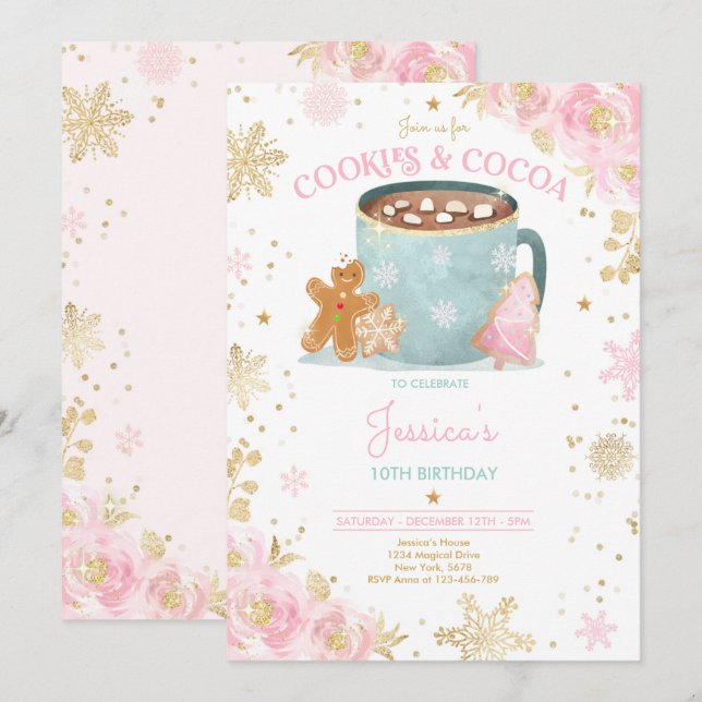 Pink And Gold Christmas Cookies and Cocoa Birthday Invitation (Front/Back)