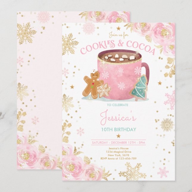 Pink And Gold Christmas Cookies and Cocoa Birthday Invitation (Front/Back)