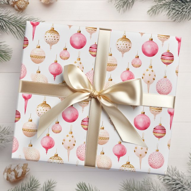 Pink and Gold Christmas Ornaments Wrapping Paper (Creator Uploaded)