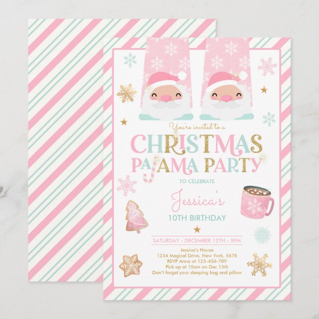 Pink And Gold Christmas Pajama Birthday Party Invitation (Front/Back)