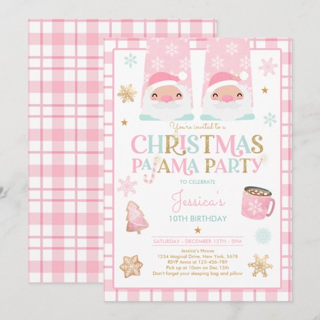 Pink And Gold Christmas Pajama Birthday Party Invitation (Front/Back)