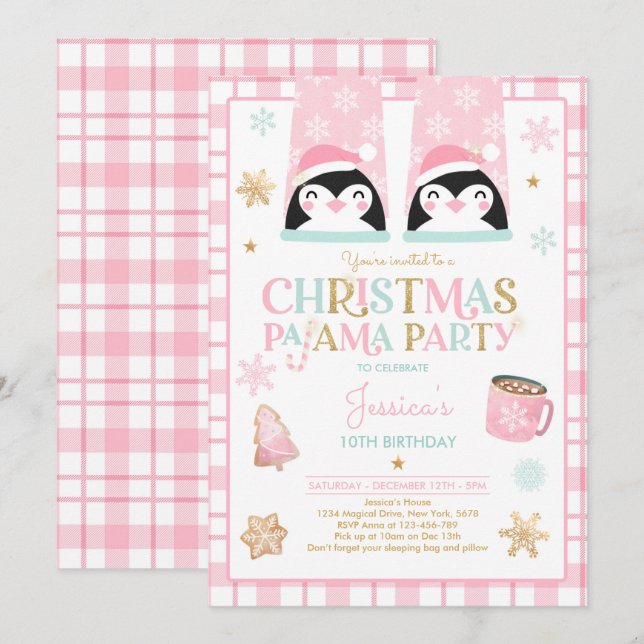 Pink And Gold Christmas Pajama Birthday Party Invitation (Front/Back)
