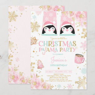 Pink And Gold Christmas Pajama Birthday Party Invitation