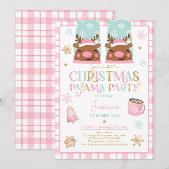 Pink And Gold Christmas Pajama Birthday Party Invitation (Front/Back)