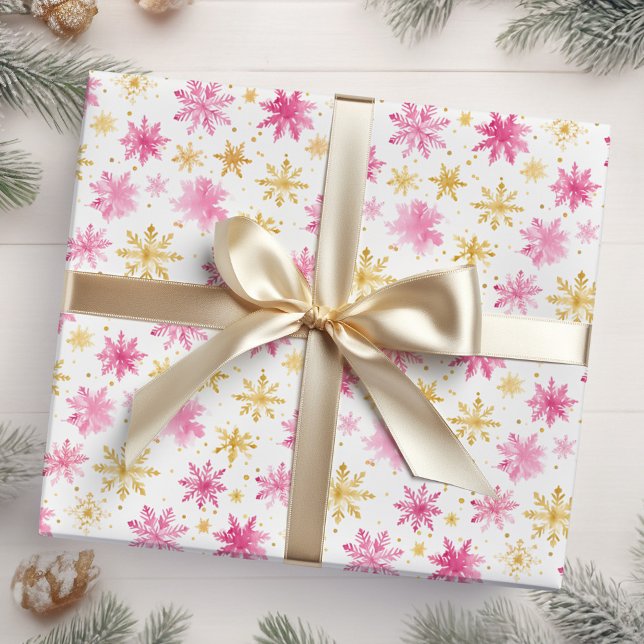 Pink and Gold Christmas Snowflakes Wrapping Paper (Creator Uploaded)