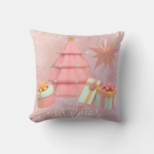 Pink And Gold Christmas Tree And Stars Cushion