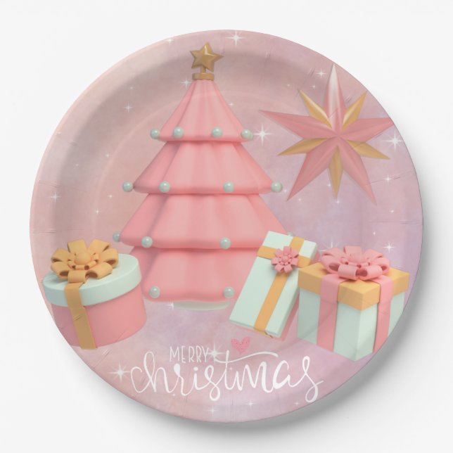 Pink And Gold Christmas Tree And Stars Paper Plate (Front)