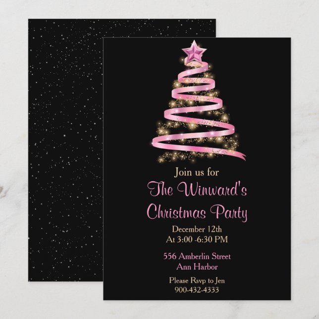 Pink and Gold Christmas Tree Invitation (Front/Back)
