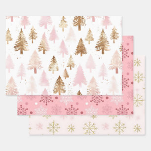 Pink and Gold Christmas Trees and Snowflakes Wrapping Paper Sheet