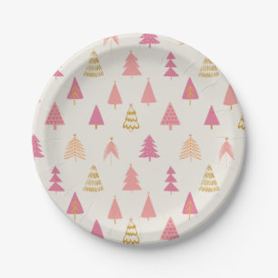 Pink and Gold Christmas Trees Paper Plate