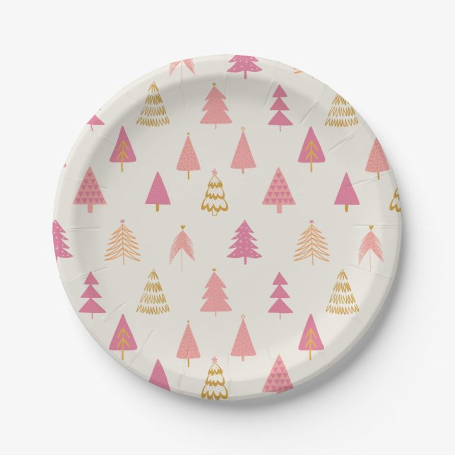 Pink and Gold Christmas Trees  Paper Plate (Front)
