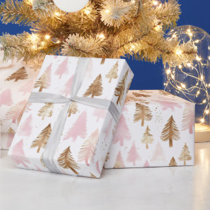 Pink and Gold Christmas Trees Wrapping Paper