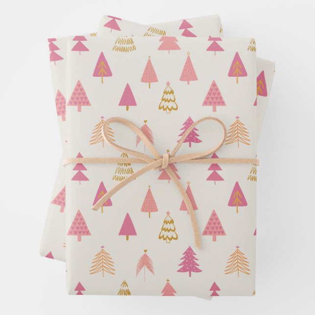 Pink and Gold Christmas Trees  Wrapping Paper Sheet (In situ)